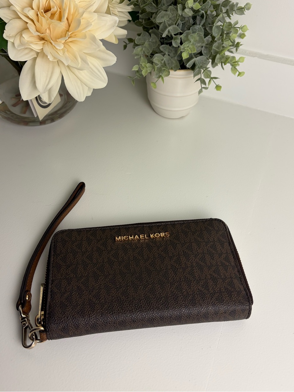 Michael Kors Brown Signature MK Monogram Zip Around Wristlet Wallet